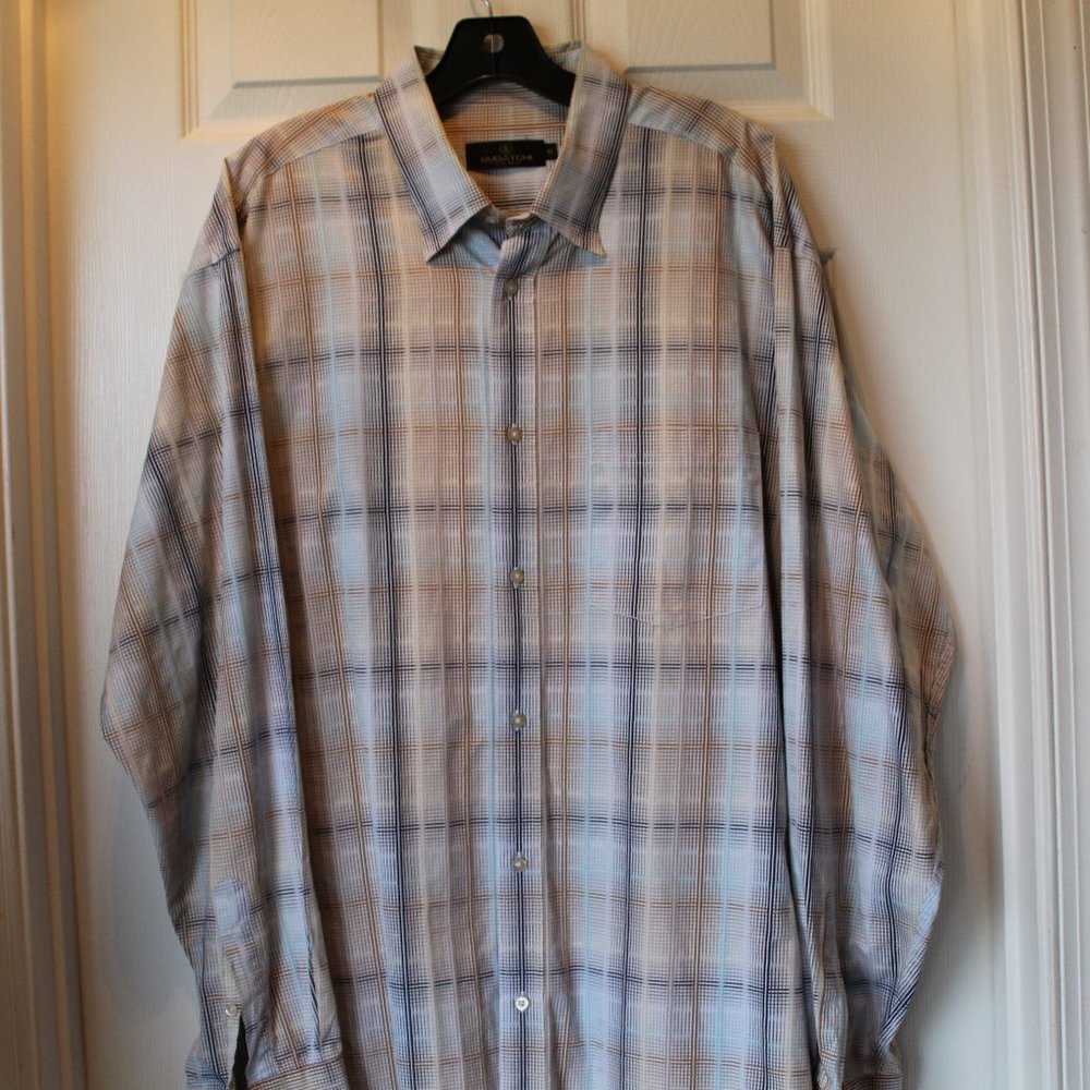 BUGATCHI UOMO LS Button Down Dress Shirt Blue/Brown Plaid Size XL
